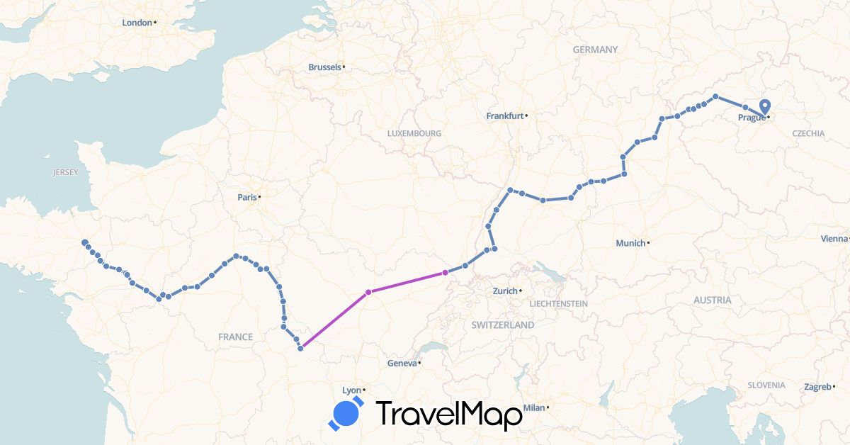 TravelMap itinerary: driving, cycling, train in Czech Republic, Germany, France (Europe)